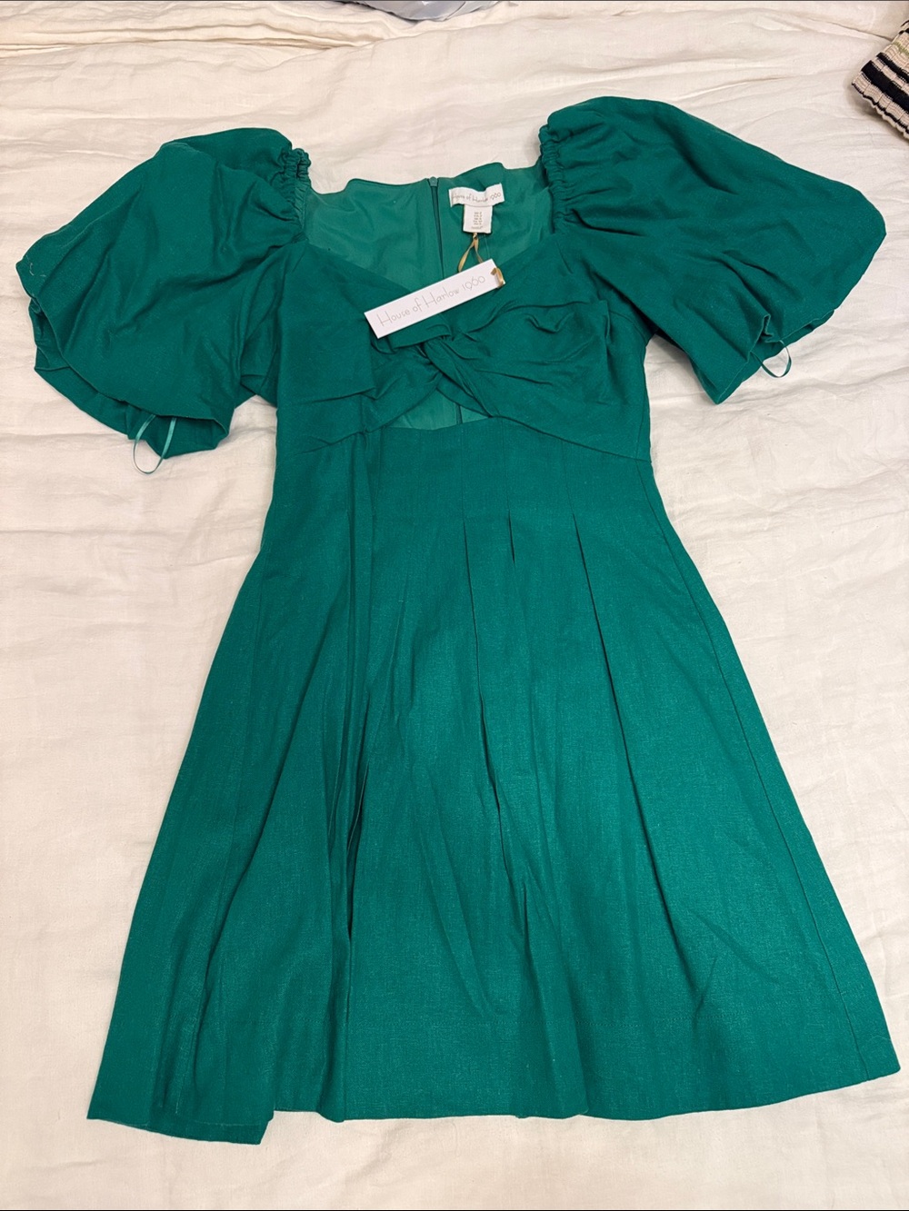 House of Harlow Emerald Puff Sleeve Fit-and-Flare Dress